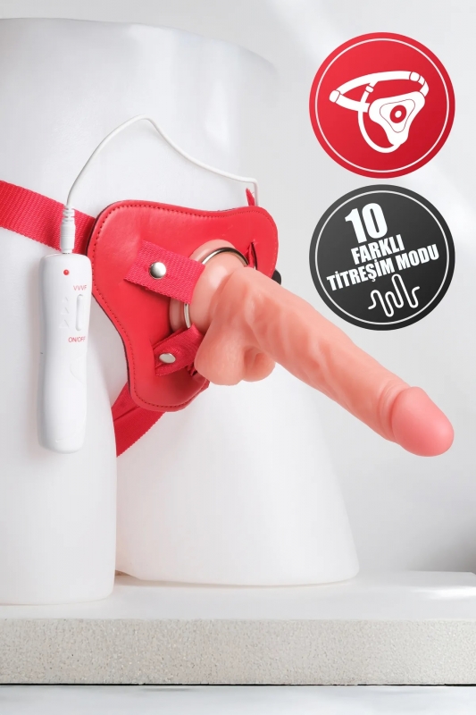 19 cm Güçlü Titreşimli Kırmızı Kemerli Strapon Gerçekçi Ten Dokulu
