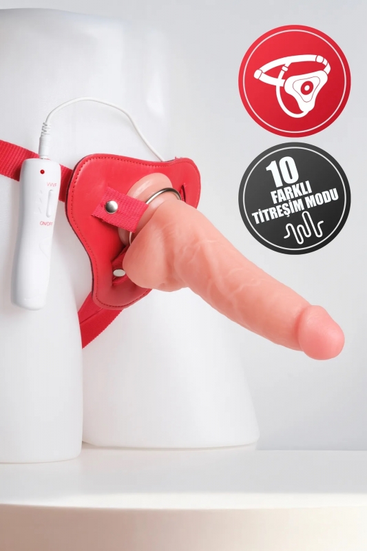 20 cm 10 Modlu Güçlü Titreşimli Kırmızı Kemerli Kalın Strapon Büyük