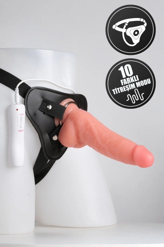 20 cm 10 Modlu Güçlü Titreşimli Siyah Kemerli Kalın Strapon Büyük