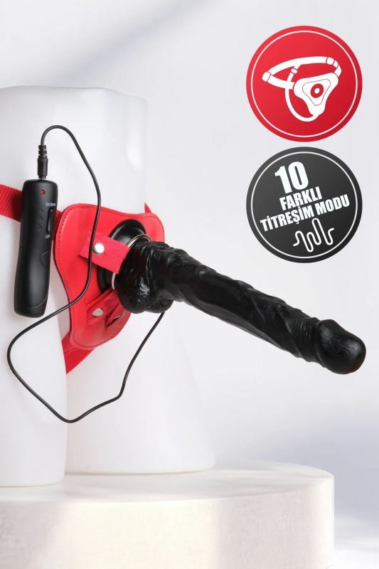 24 cm 10 Mod Titreşimli Kırmızı Kemerli Büyük Strapon