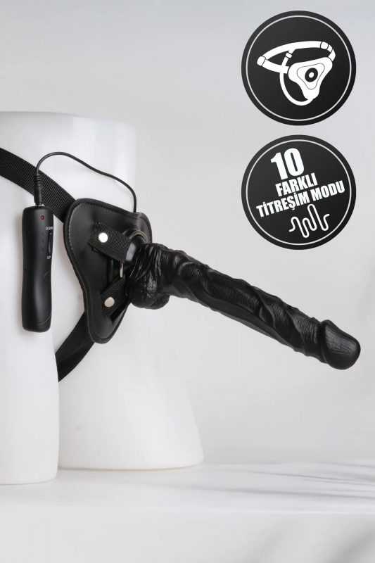 24 cm 10 Mod Titreşimli SiyahKırmızı Kemerli Büyük Strapon