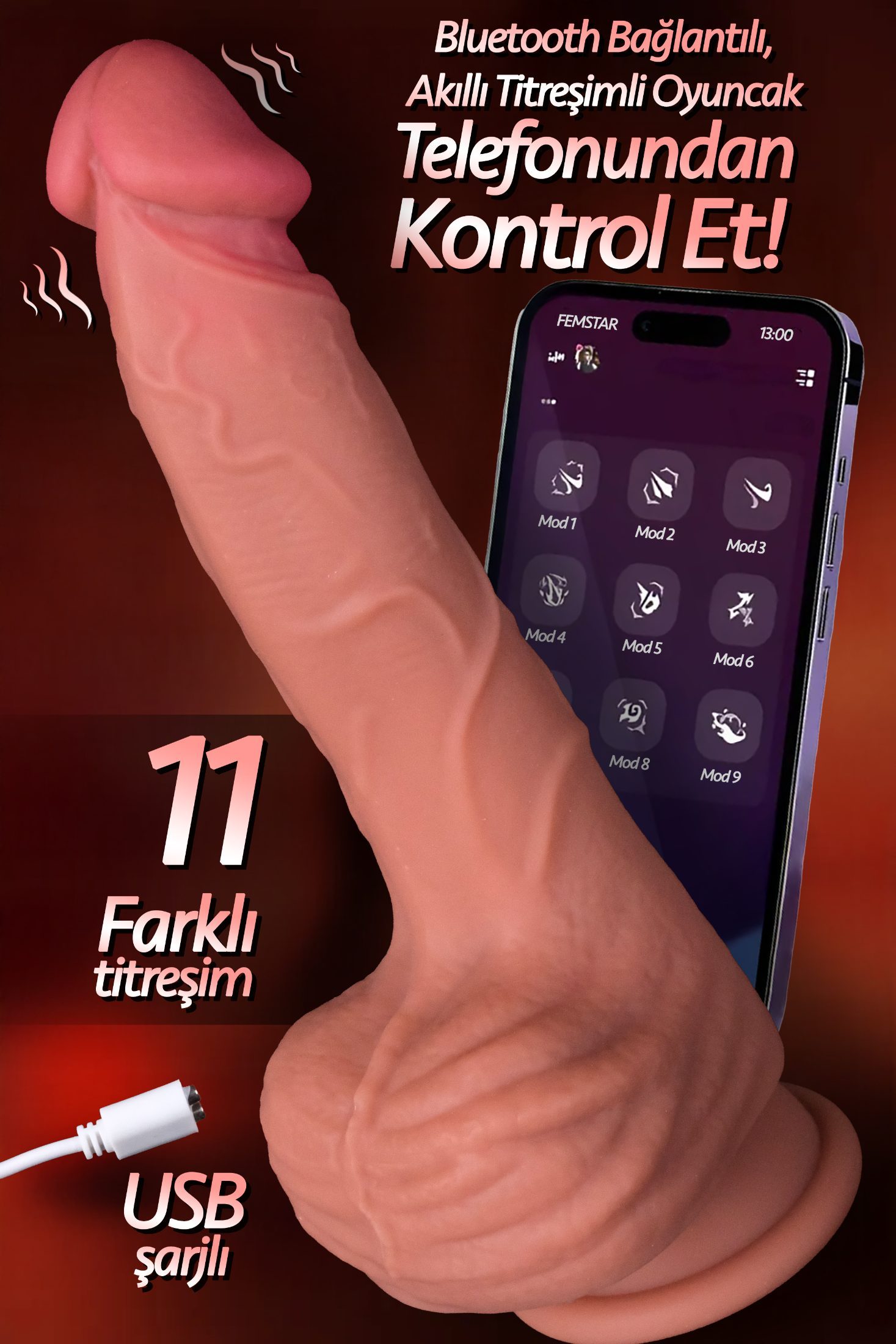 Telefon Kontrollü ve Isıtmalı Güçlü Titreşimli Su Geçirmez USB Şarjlı Vibratör