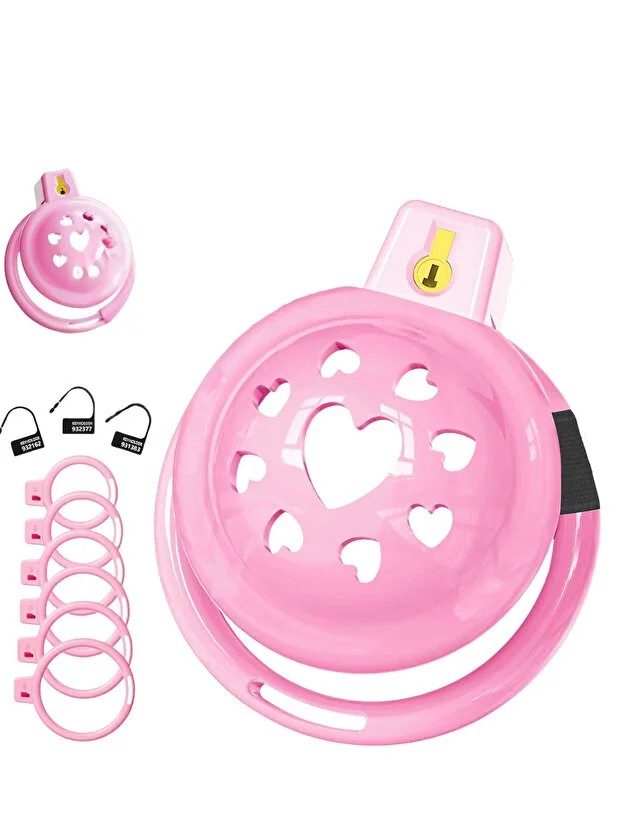 Vajina Şeklinde Sondalı Kalpli Pembe Sissy Chastity Cage